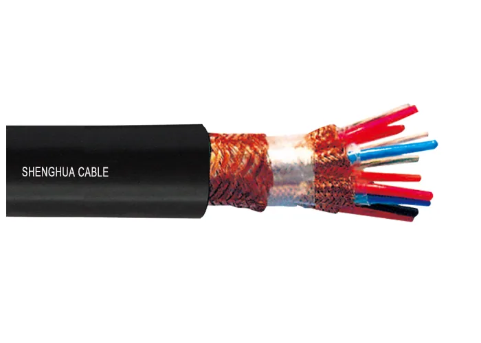 Black-sheathed multicore cable printed SHENGHUA CABLE, stripped back to expose a copper wire braid over colour-coded insulated cores